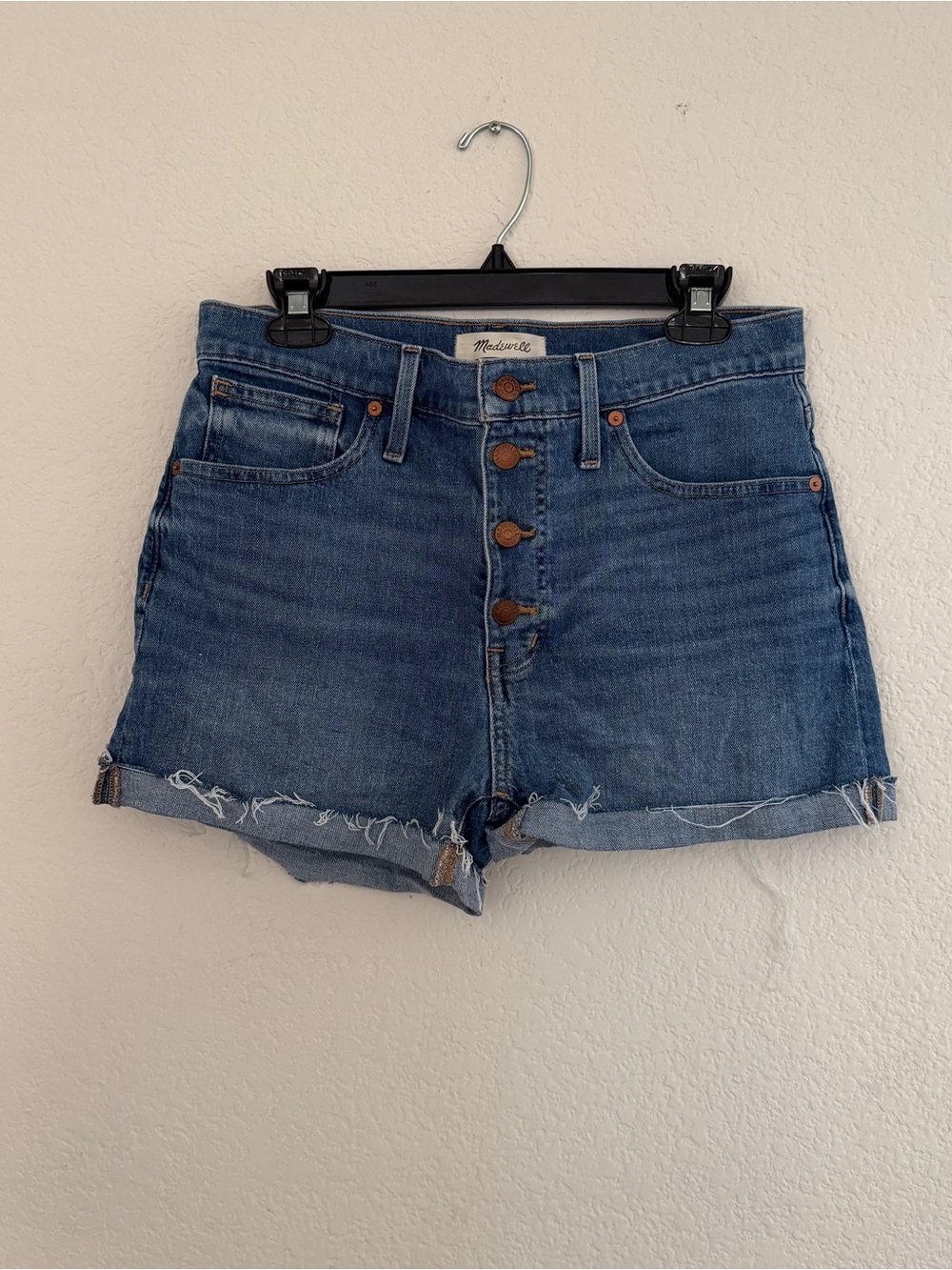 Madewell Button-Fly High-Rise Jean Shorts — Medium Blue Wash